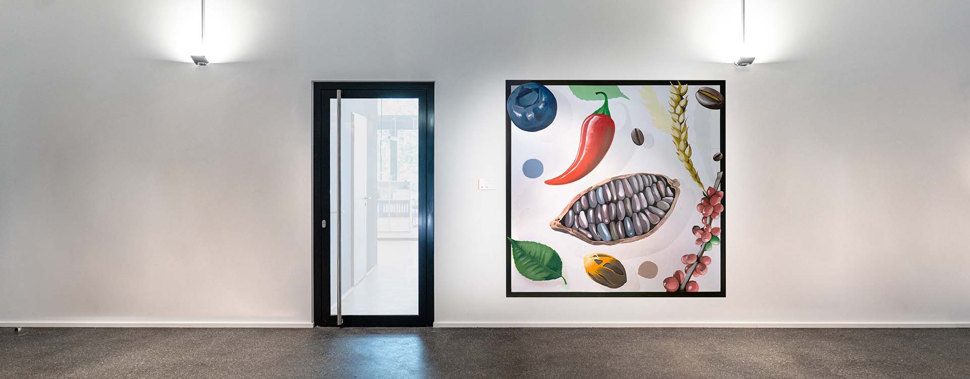 Tabakquartier Wandmalerei: Bild im Eingangsbereich mit verschiednen Lebensmitteln als Motiv.